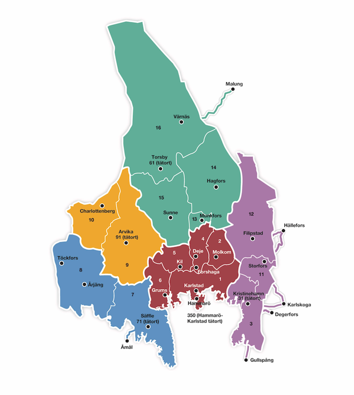 Illustrerad karta över Värmland indelad i olika zoner. 