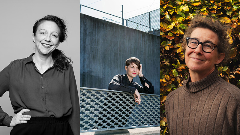 Tre kvinnor porträtterade i rad. Malin Axelsson tittar in i kameran med en hand på höften, Åsa Ekman hänger med överkroppen på ett nätstaket hängandes med huvudet på en hand och Monika Milocco tittar in i kameran med ett leende, med huvudet hängande på sned.