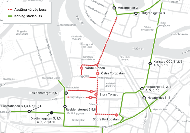 En karta som visar vilka hållplatser är avstängda under stadsloppet.