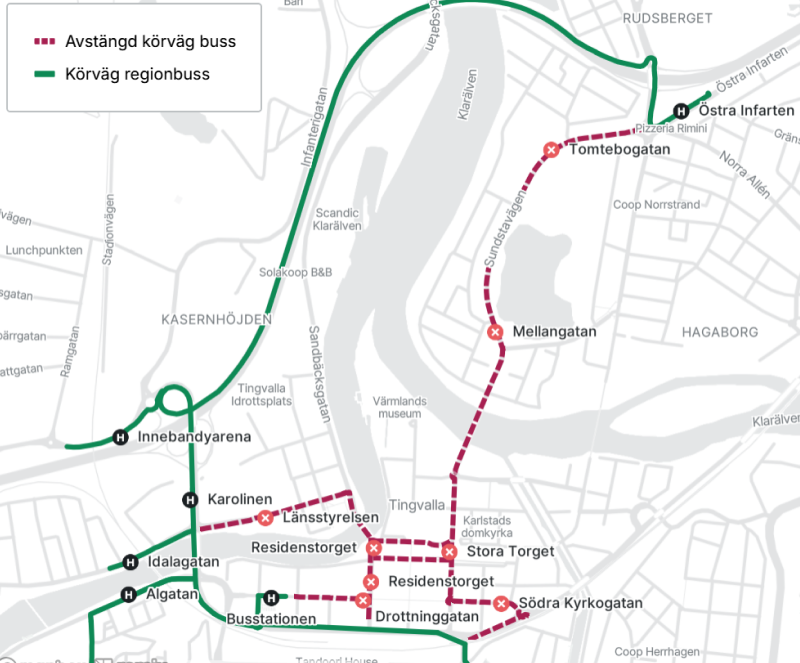 En karta som visar hur regiontrafiken går under stadsloppet.