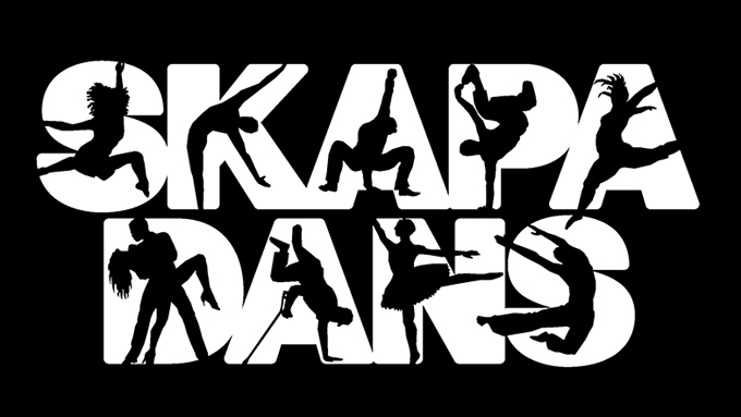 Vita blockbokstäver som bildar "skapa dans". I varje bokstav finns konturer av dansare.