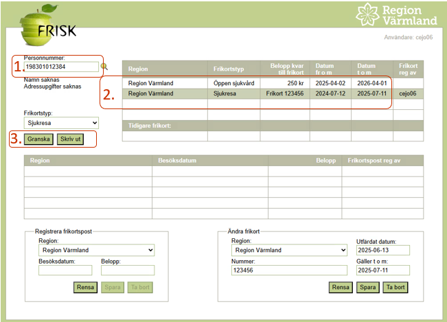 Skärmdump från FRISK