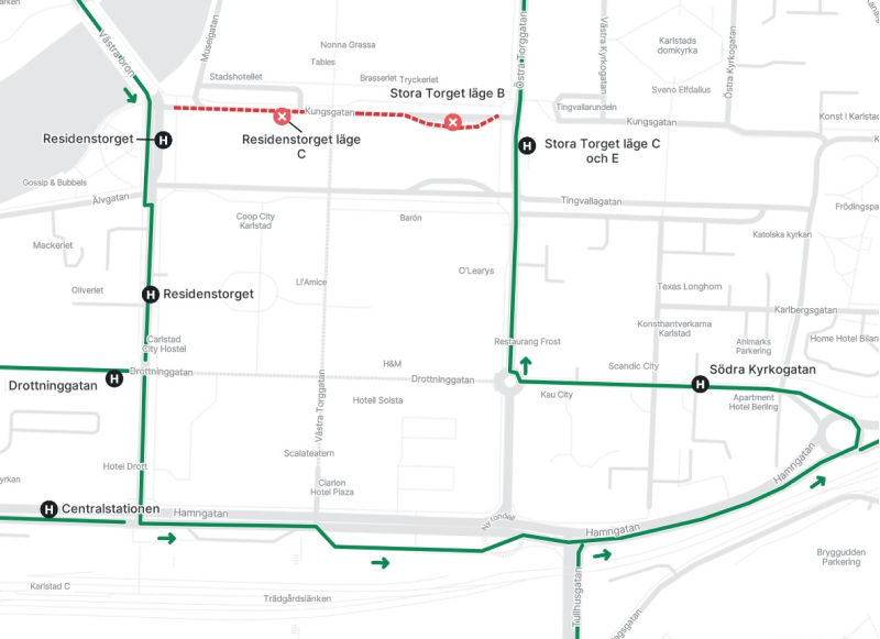 En karta som visar bussarnas körväg 16-17 juni.