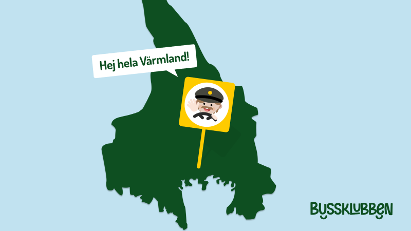En illustrerad bild av Värmland med en pin som har en bild på en förare som säger Hej hela Värmland!