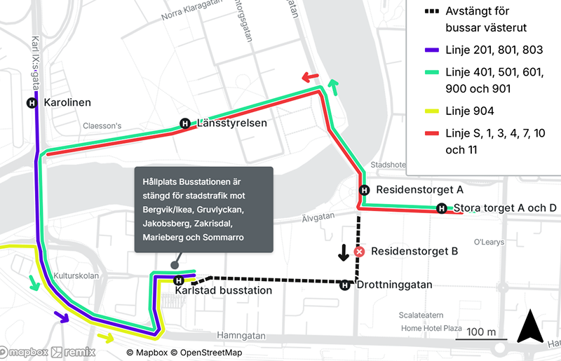 En karta över centrala karlstad som visa trafikförändringarna under veckan 19