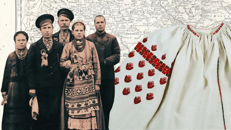 Collage: människor i folkdräkt, karta och skjorta.