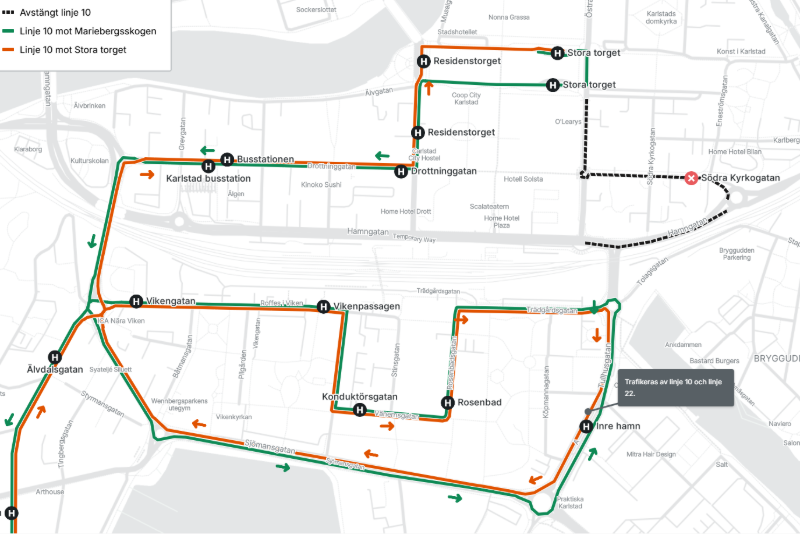 Karta över linje 10 körväg genom Inre hamn och Viken 20 till 22 april 2026.