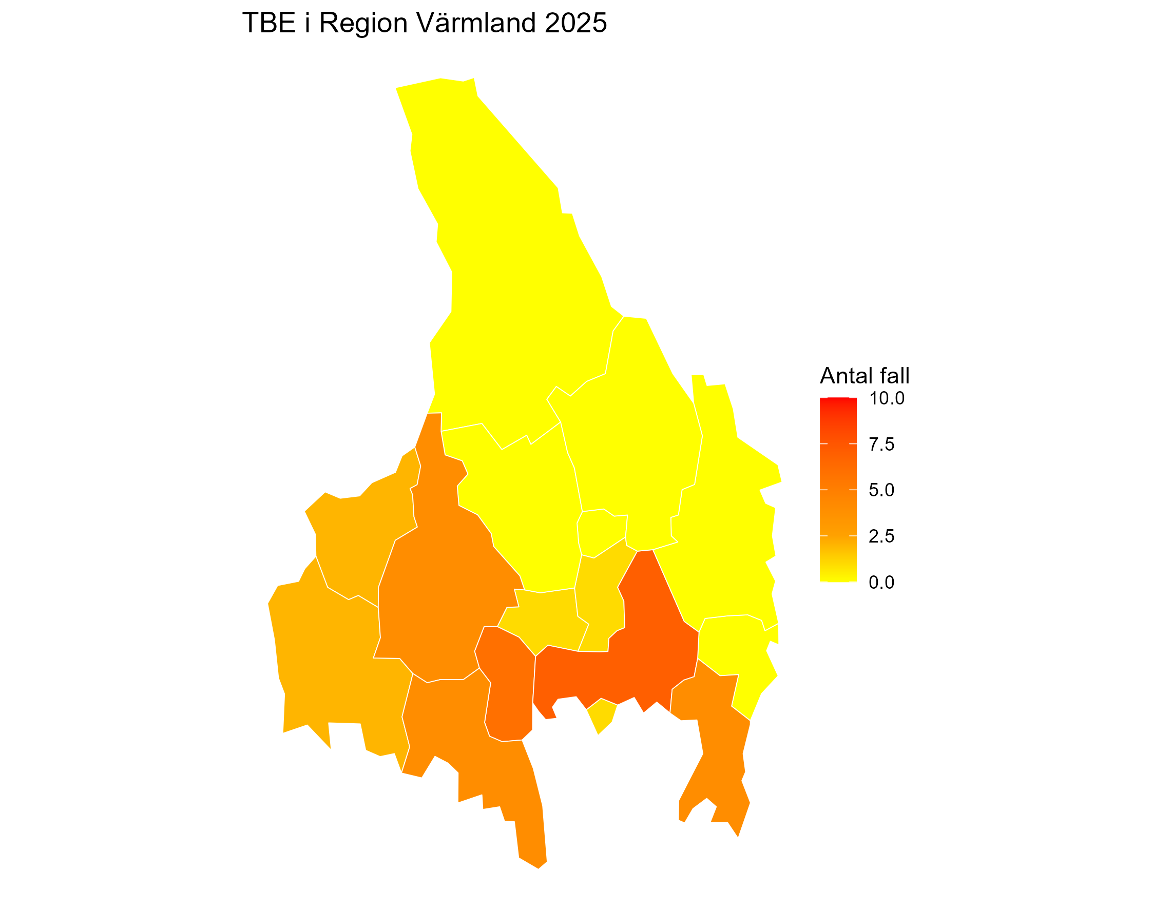 Karta över förekomsten av TBE-fall 2025 i Värmland län.