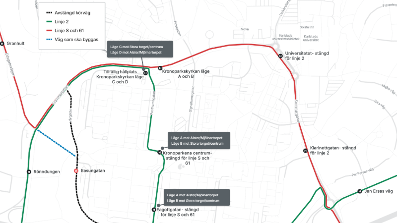 Kartan visar ny färdväg för linje 2 och S. 