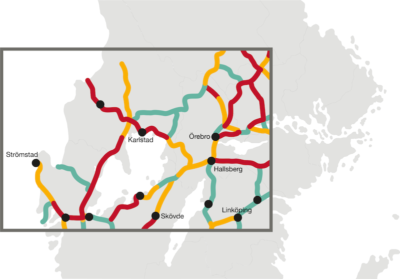 Karta som visar Karlstad, Örebro, Hallsberg, Linköping, Skövde och Strömstad där det är markerad med olika färger för att visa på hur kapacitetsbristen ser ut.