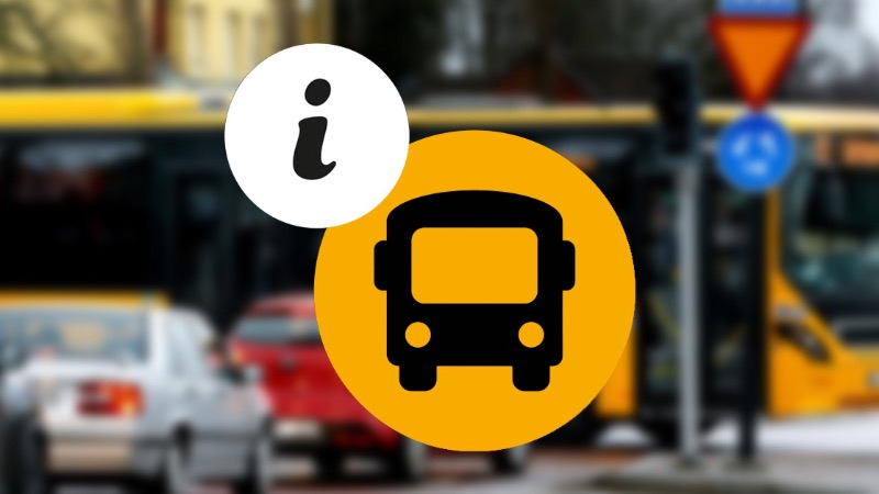 Bild på bussar i stadsmiljö bland biltrafik. Framför fotot finns en informationikon med en buss.