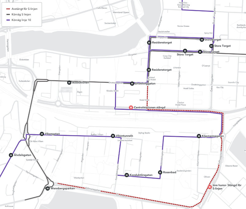Karta som visa körvägen för linje S och linje 10. 