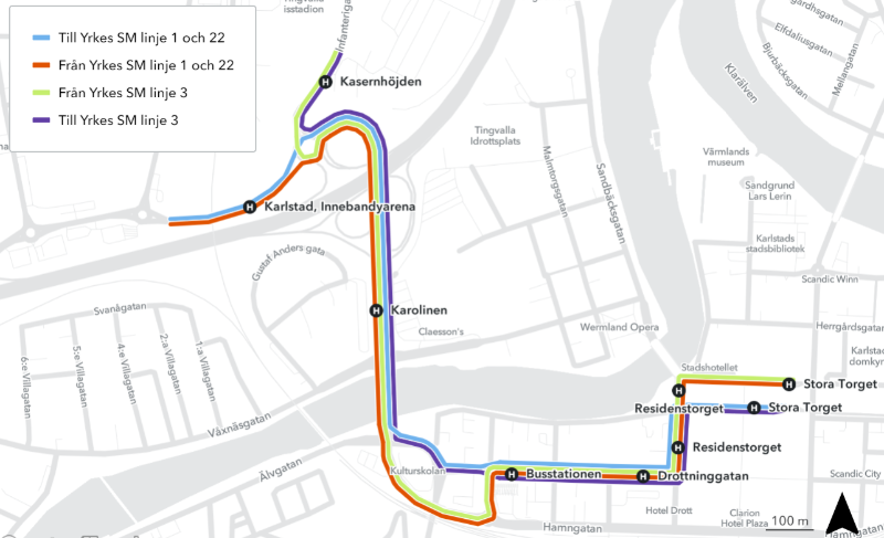 Karta som illustrerar busslinjernas väg mellan Stora torget och Tingvalla Sportcenter.