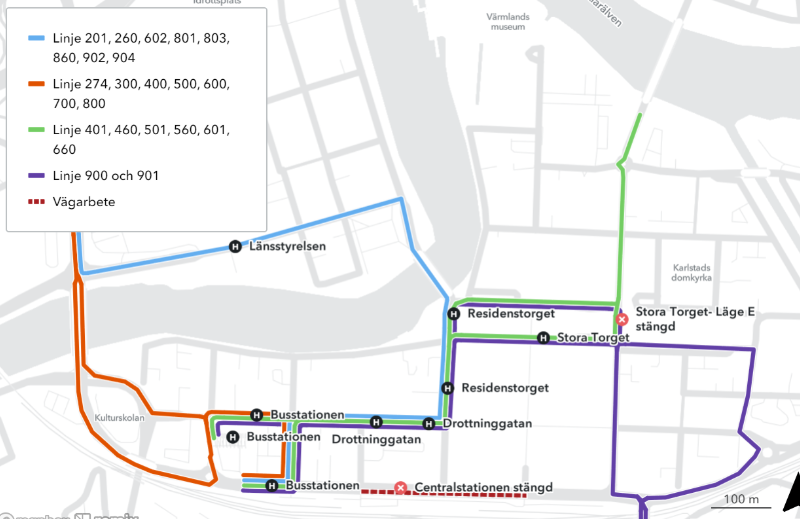 Karta över regionbussarnas väg genom centrala Karlstad efter den 22 april. Förändringarna beskrivs även i text ovan.