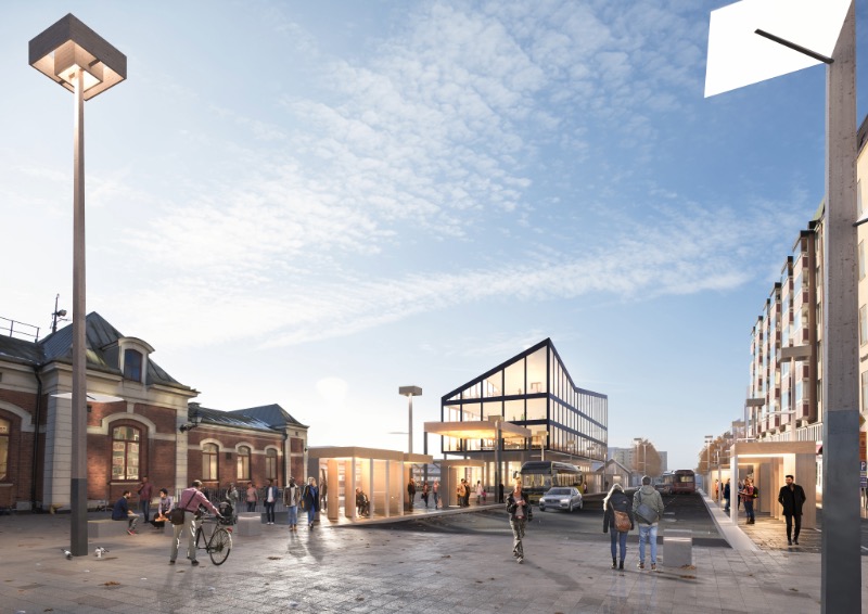 Skissbild över nya resecentrum med stationshuset, busstrafik och människor som rör sig kring resecentrum. Bussar plockar upp resenärer och resenärer väntar vid hållplatser.