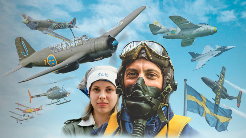 Illustrerad bild från flygkultur. En pilot och en kvinna är på bilden i bakgrunden är det flera äldre flygplan. 