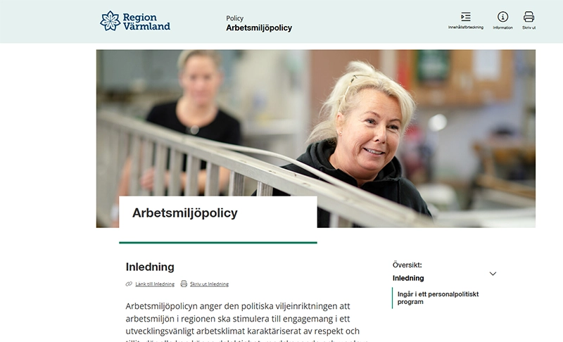 Skärmdump från webbsidan där arbetsmiljöpolicyn är.