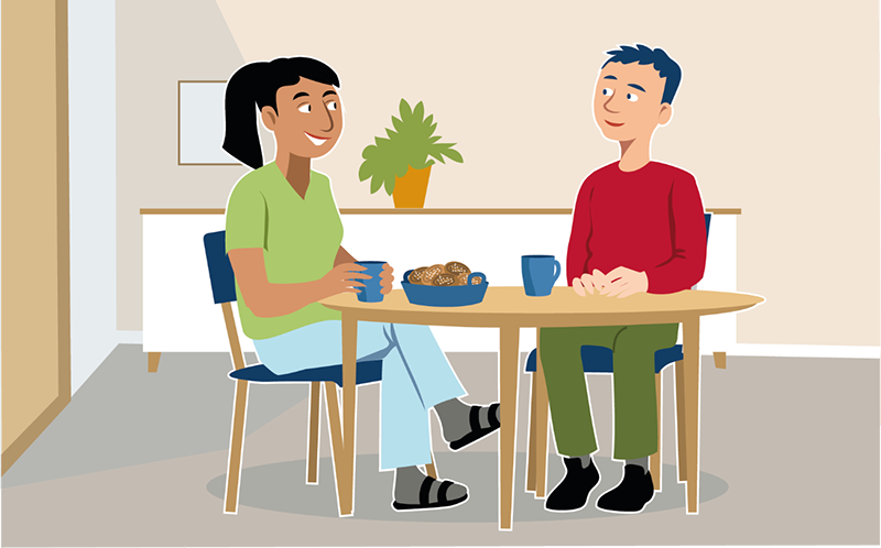 Illustration där två personer sitter och fikar och pratar.