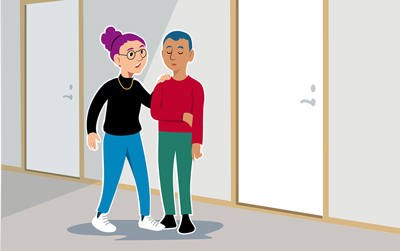 Illustration där en person har en hand på axeln på en annan person som ser ledsen ut. 