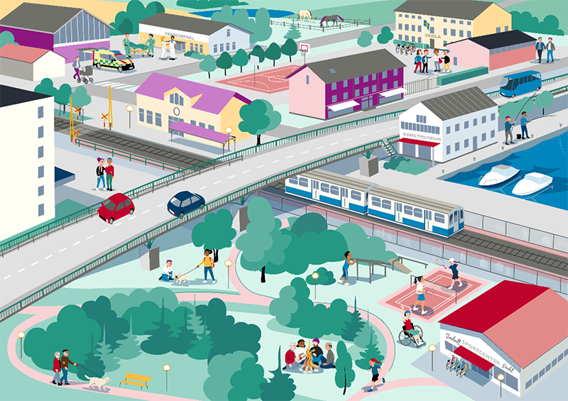 Illustration över ett tryggt samhälle.