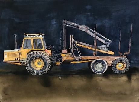 Gul traktor med timmersläp.