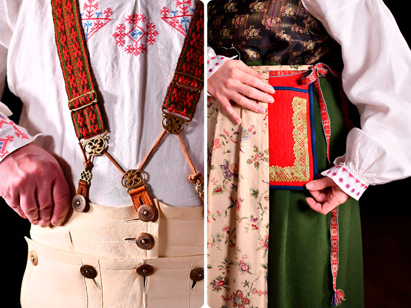 Närbild av två folkdräkter.