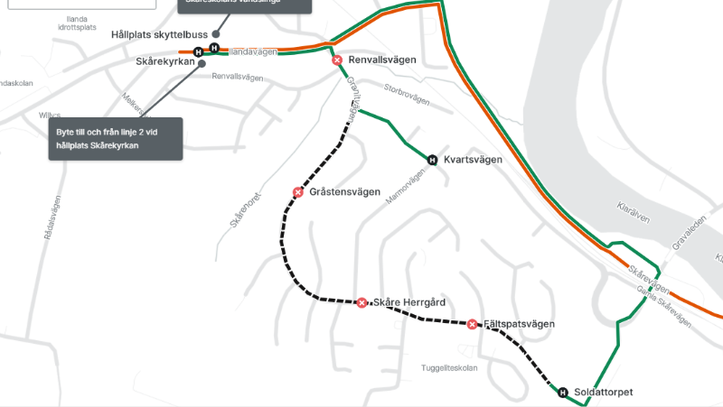 Tillfällig ändring av linje 2 på Skåreberget