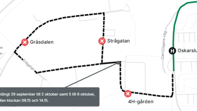 Tillfällig ändring av linje 4 vid Gräsdalen