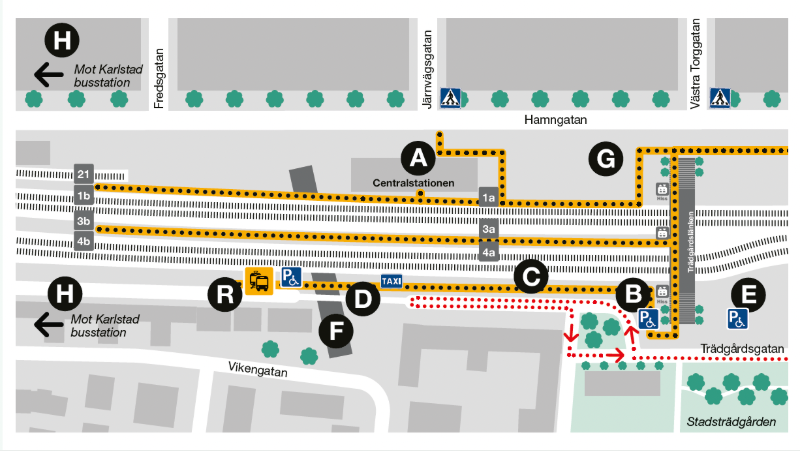 Karta som visar hur du hittar till spåren och ersättningstrafiken från och med den 14 december.