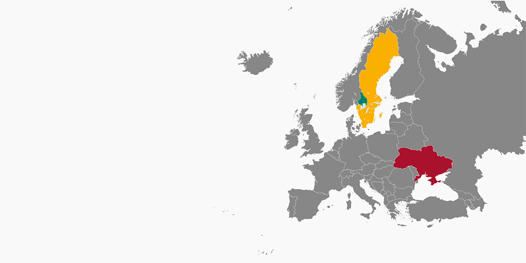 Kartbild över Europa där Ukraina, Sverige och Värmland är markerade.