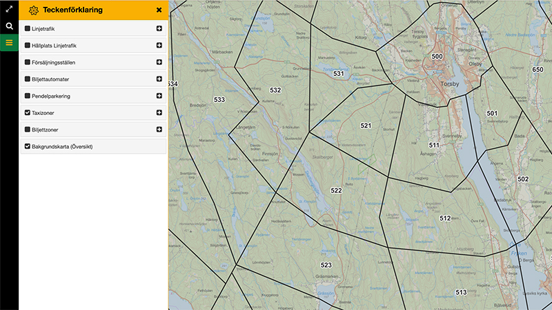 Karta över taxizoner i Värmland i Värmlandstrafiks kartverktyg.