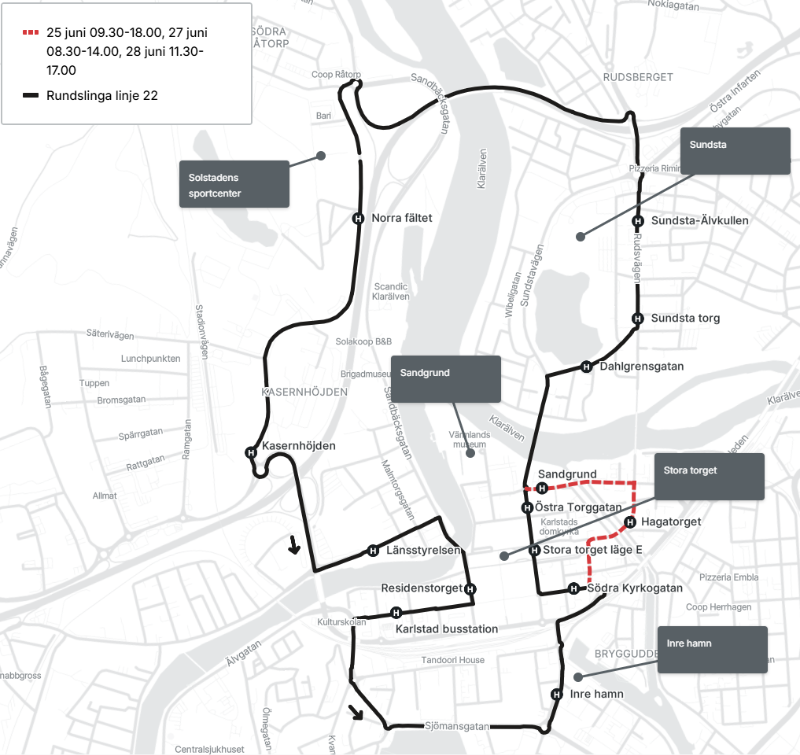 Kartan visar hur linje 22 kör torsdag till söndag under SM-veckan i Karlstad 2026.