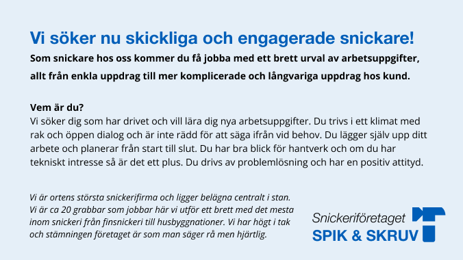 Platsannons snickare.