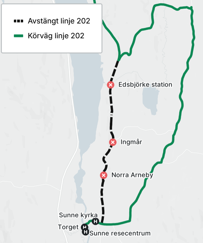Karta som visar linje 202s omlagda körväg