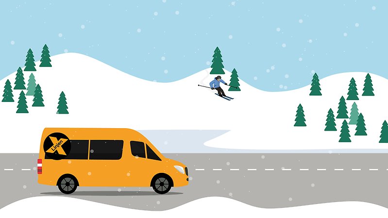 Illustrerad gul Värmlandstrafiksbuss som det står X-linjen på kör i ett vintrigt illustrerat landskap.