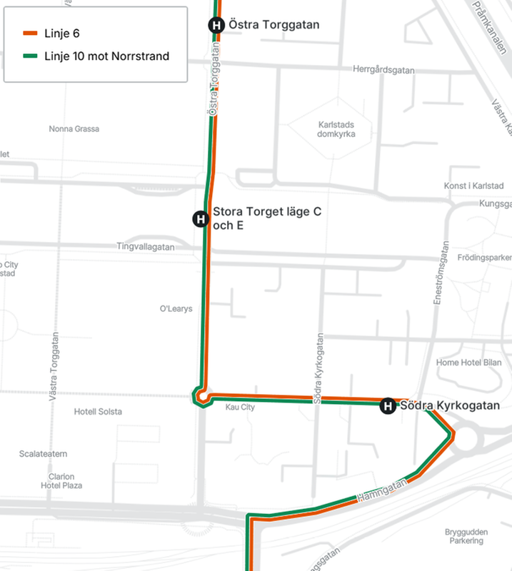 Kartan visar linje 6 och linje 10 körväg vid Stora torget.