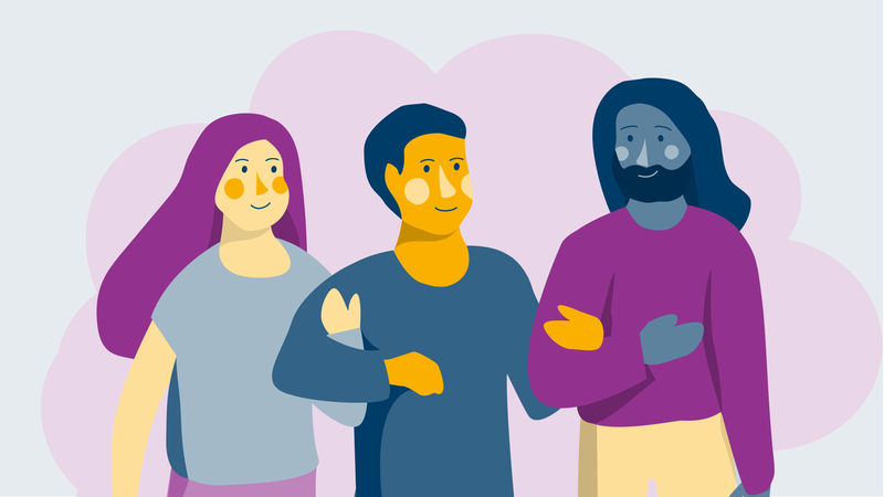 Tre personer som krokar arm med varandra.