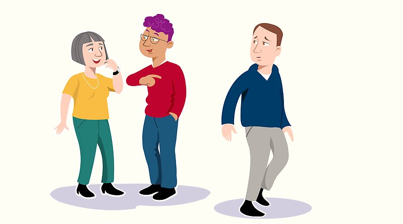 Två personer pekar mot en tredje person som ser besvärad ut.