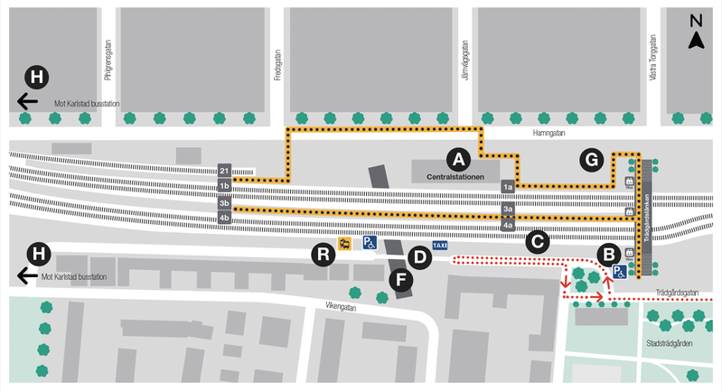 Karta som visar hur du hittar till spåren och ersättningstrafiken från och med den 27 oktober. Till spår 1a, gå via stationshuset. Till spår 3b och 4a, gå via bron Trädgårdslänken till mittperrongen. Detta är enda vägen till dessa spår. Till spår 1b och 21, följ den tillfälliga gångvägen runt stationsområdet. Ersättningstrafik finns på den södra sidan av spåren, Vikensidan, längs med Trädgårdsgatan.