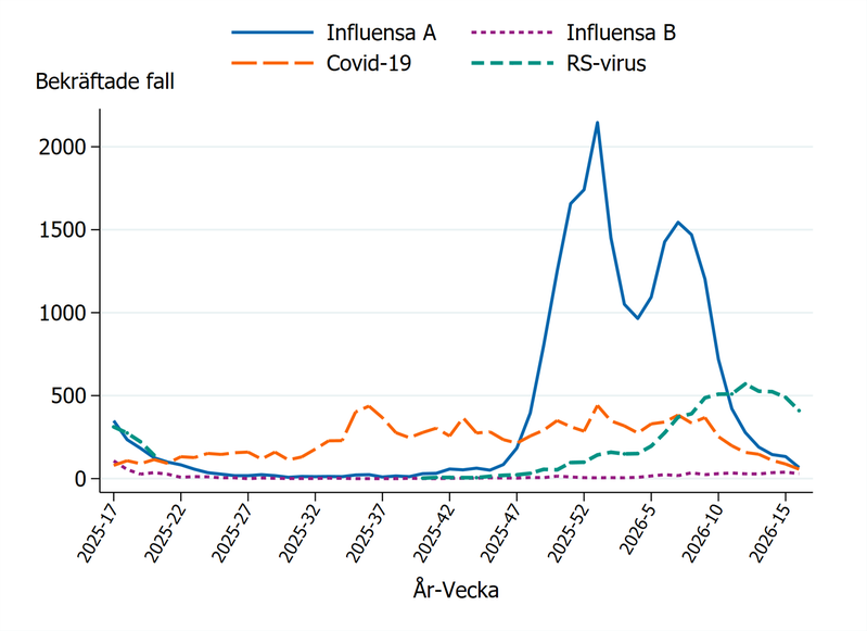 Fall av influensa, covid-19 och RS-virusinfektion de senaste 52 veckorna (Folkhälsomyndigheten)