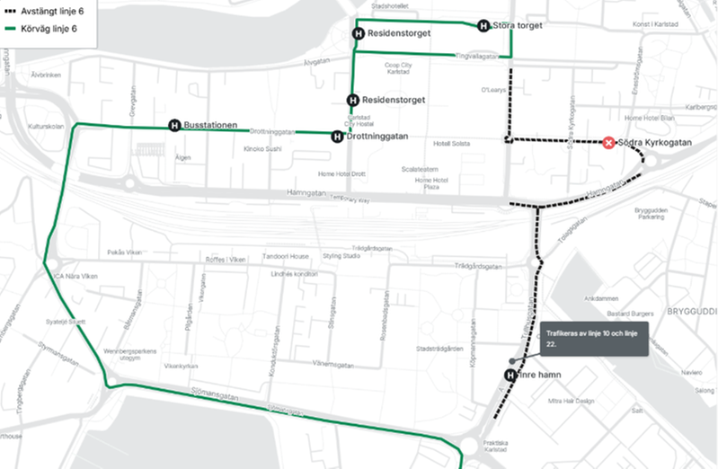 Karta över linje 6 körväg genom Inre hamn och Viken 20 till 22 april 2026.