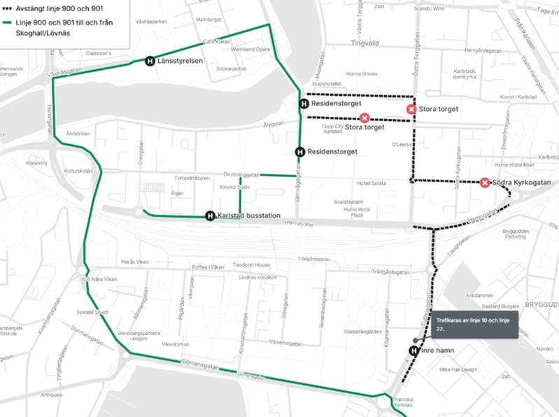 Karta över linje 900 och 901 körväg genom Inre hamn och Viken 20 till 22 april 2026.