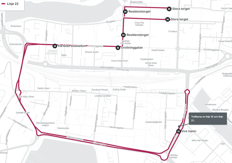 Karta över linje 22:s körväg 20 till 22 april 2026.