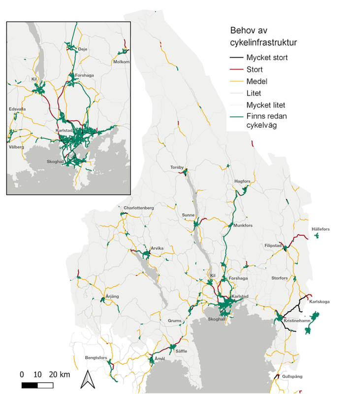 Karta över Värmland med befintligt cykelvägnät samt utbyggnadsbehov av cykelinfrastruktur utifrån stråk med potential för cykelresor på statliga och större kommunala bilvägar i Värmland. Stråken är markerade med olika färger beroende av cykelinfrastruktur, det finns mycket stort, stort, medel, litet, mycket litet och finns redan cykelväg.