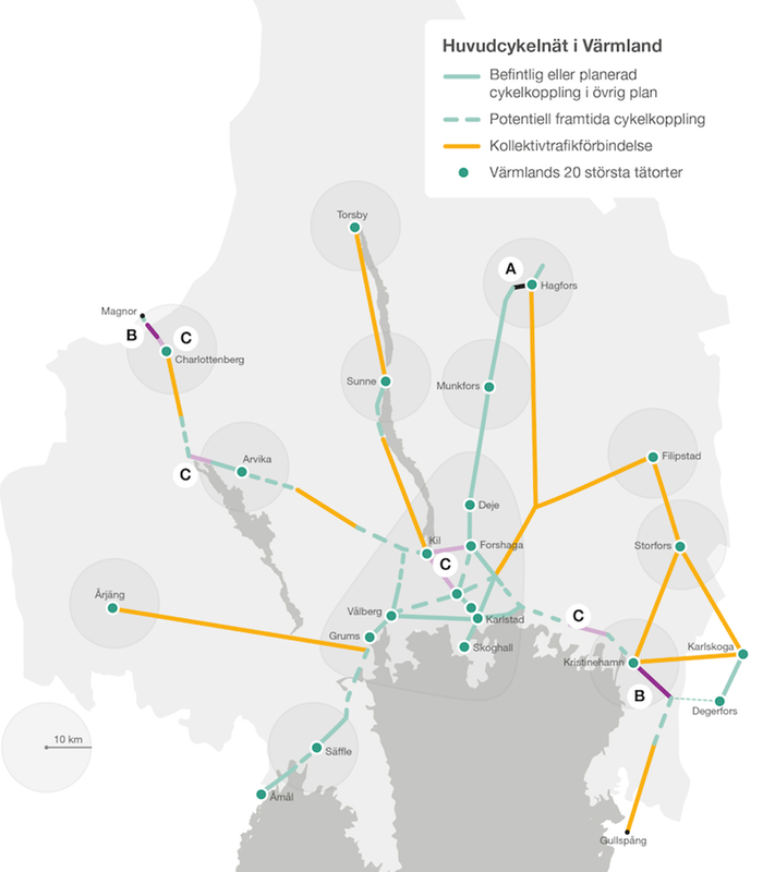 Karta över Värmland med huvudcykelnätet utmarkerade