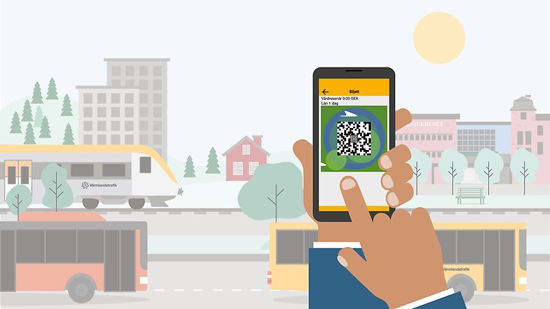 Illustration med vårdinrättningar och två bussar och ett tåg. En hand håller upp en mobil med en vårdbiljett-qr-kod.