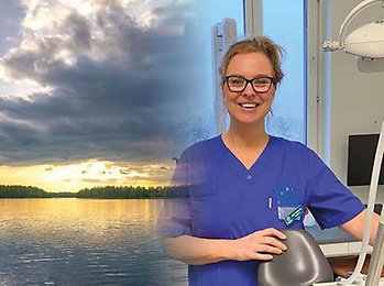 bild på solnedgång över en sjö smälter samman med bild på Linda i behandlingsrummet