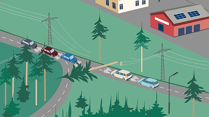 Tecknad illustration med bilar och ett träd som vält över elledningar.