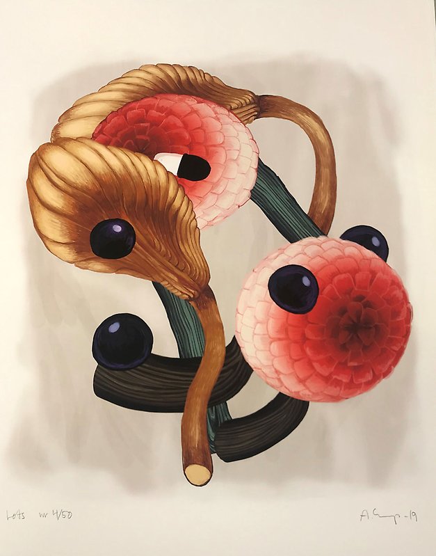 Gicléeprint med motiv av färgglada blommor, växter, mörka bollar och
svartvita ögon i rörelse.