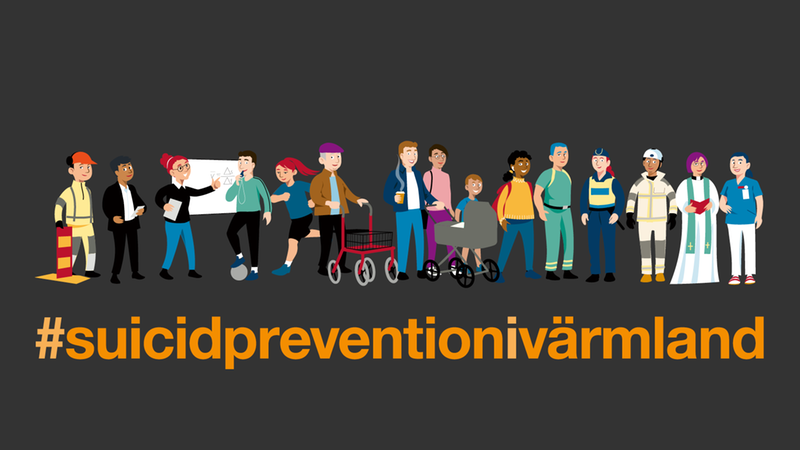 Den tecknade illustrationen visar olika yrkesgrupper men också privatpersoner i olika åldrar. I bilden finns taggen suicidpreventionivärmland.
